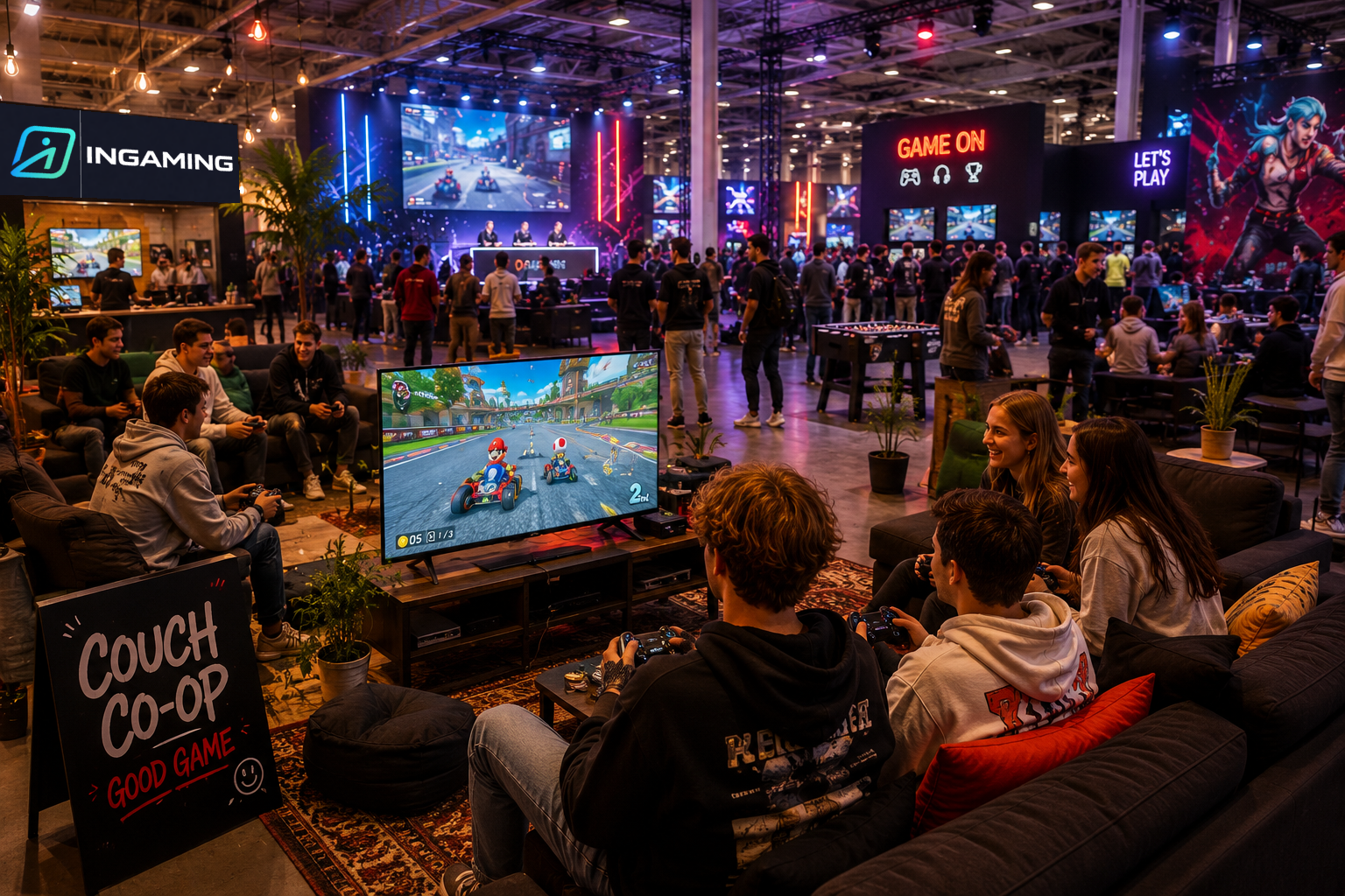 Bezoekers spelen samen bij een INGAMING event — couch co-op gaming